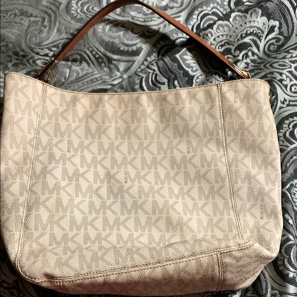 Michael Kors Cream and Brown Shoulder Bag with Gold Accents